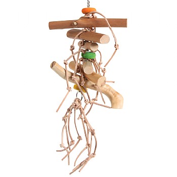 Northern_Parrots Wood Roll & Leather Knots Stacker Parrot Toy
