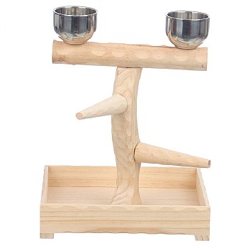 Small Table Top Wood Parrot Stand with Feeding Bowls