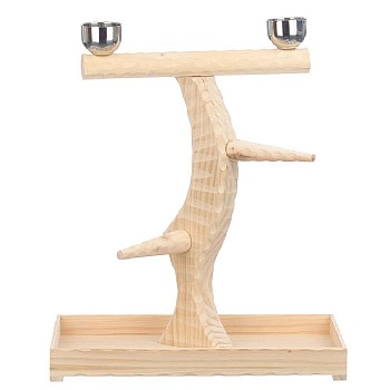 Medium Table Top Wood Parrot Stand with Feeding Bowls